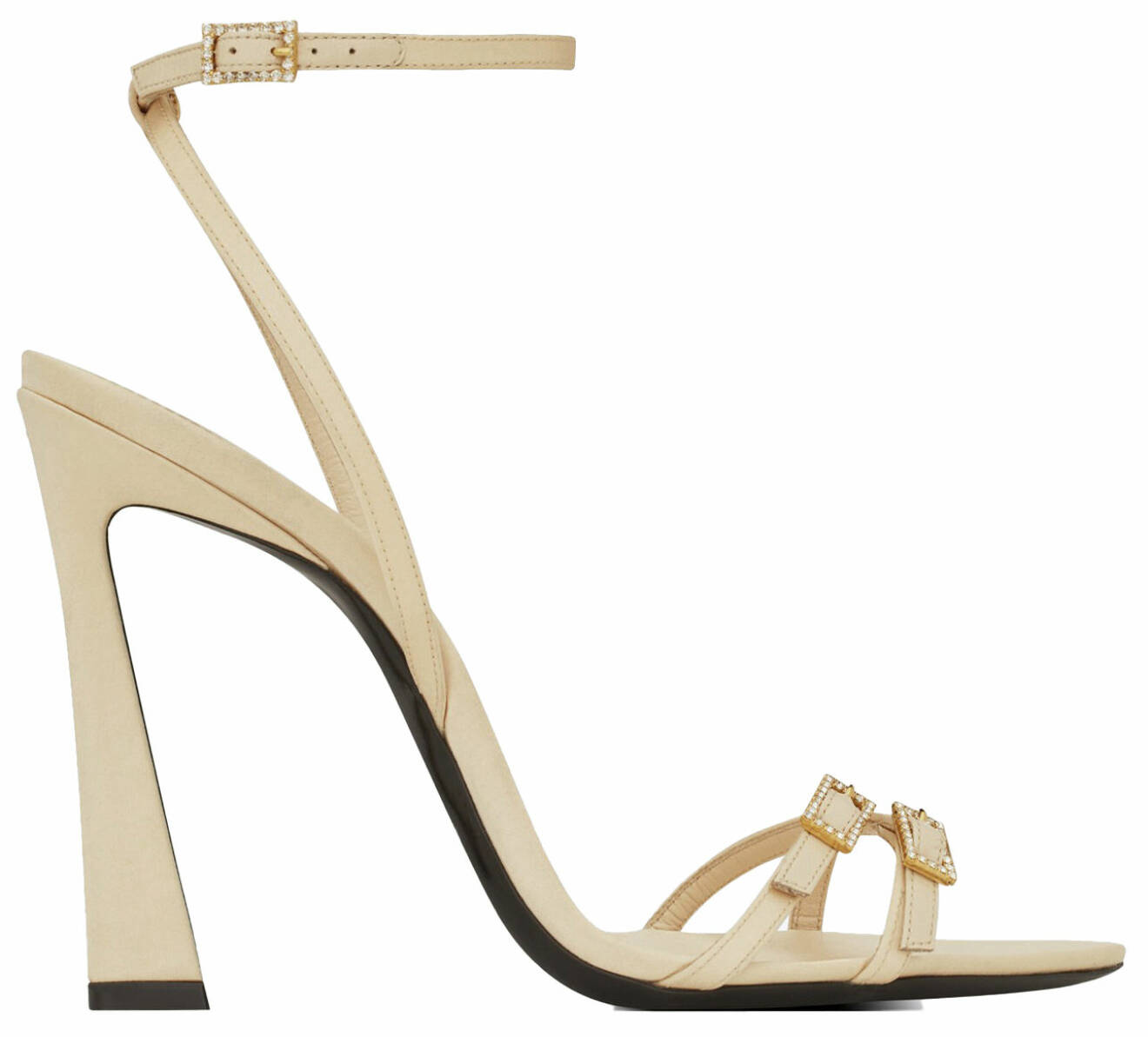 Krämvit sandalett med klack och gulddetaljer från Yves Saint Laurent