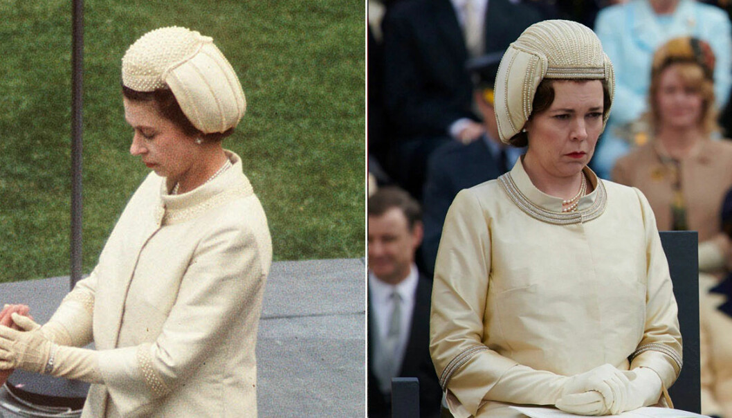 Drottning Elizabeth i hjälmhatten som återskapades i The Crown