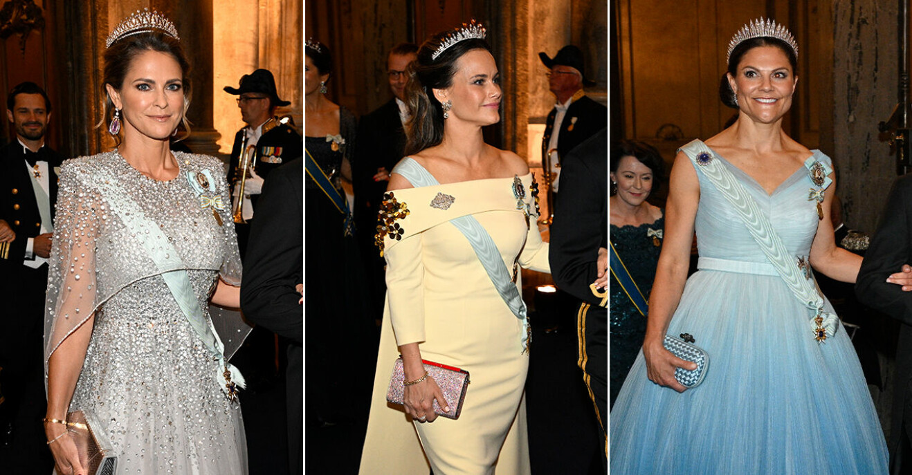 Prinsessan Madeleine, prinsessan Sofia och kronprinsessan Victoria vid kungens jubileumsmiddag 2023.