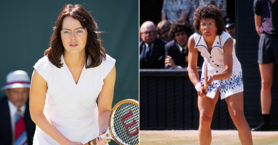 Emma Stone som Billie Jean King. Emma Stone och Billie Jean King.