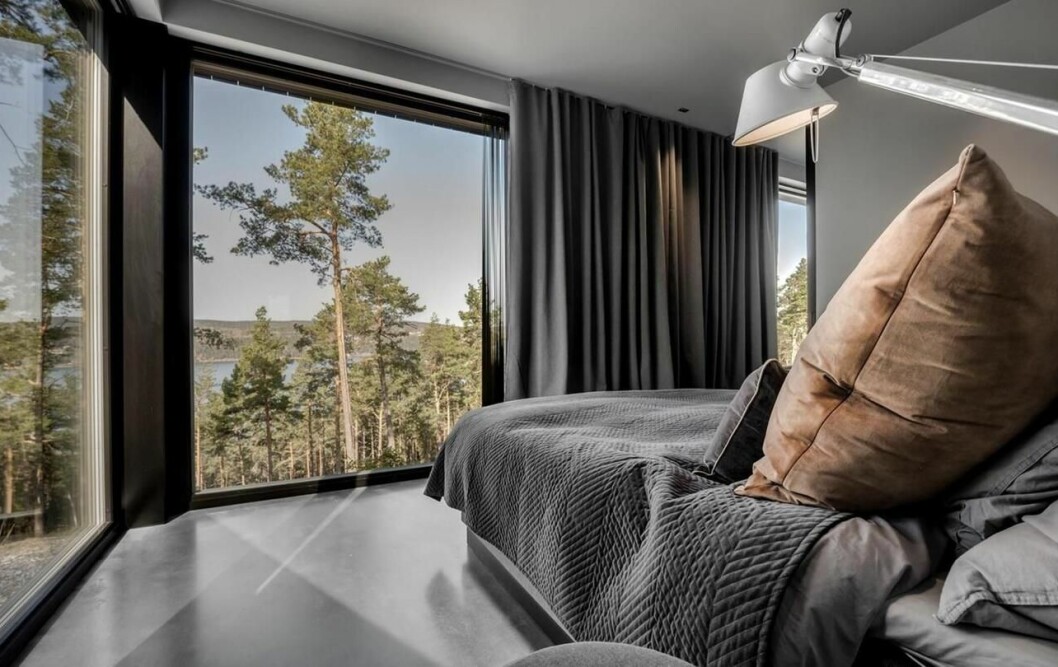 Helt okej vy att vakna till på morgonkvisten. ett sovrum med utsikt över skog