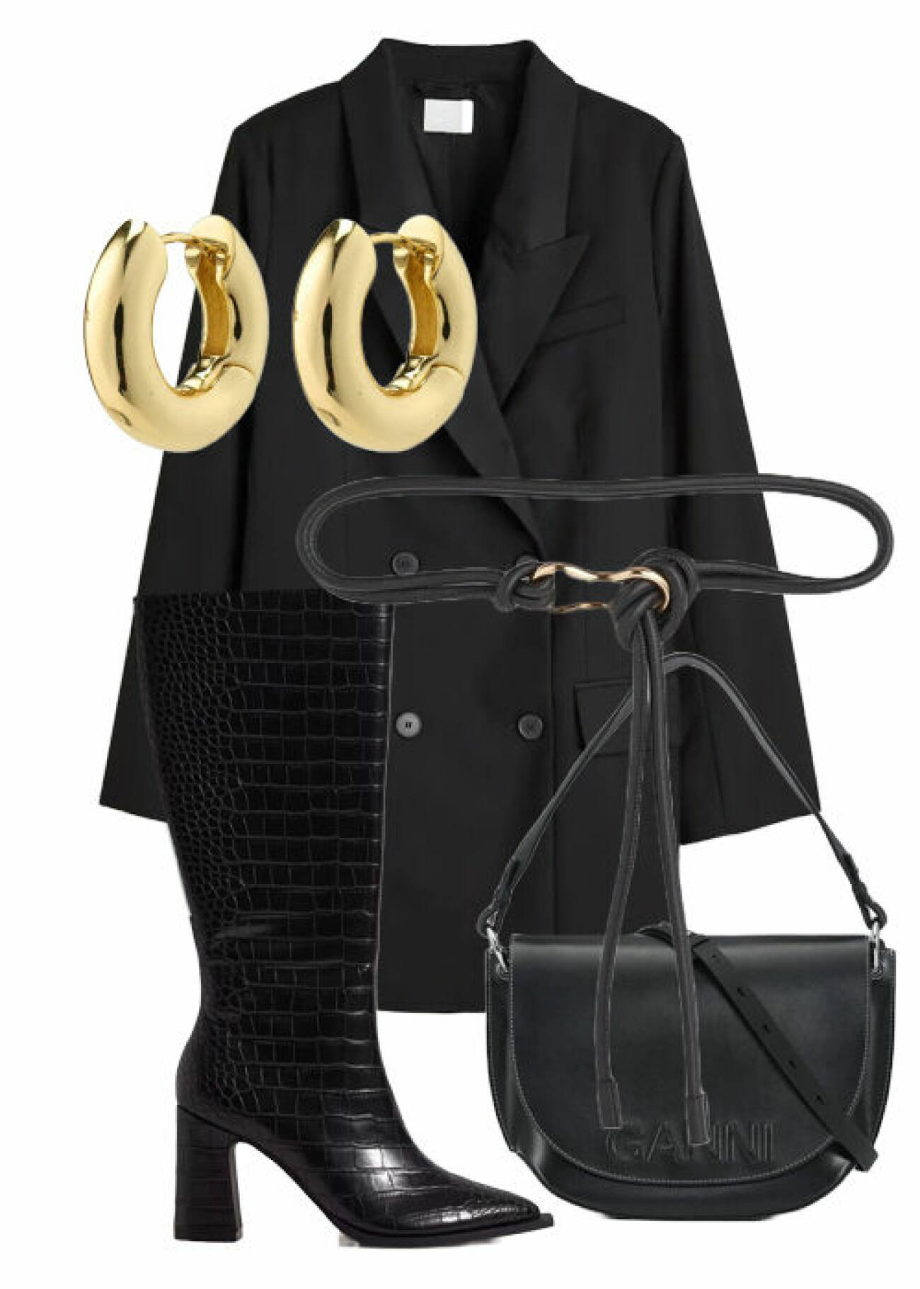 festoutfit med svart kavajklänning, boots och väska från Ganni