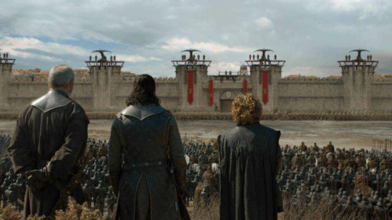 En bild på karaktärerna Davos Seaworth, Jon Snow och Tyrion Lannister i tv-serien Game of Thrones på HBO.