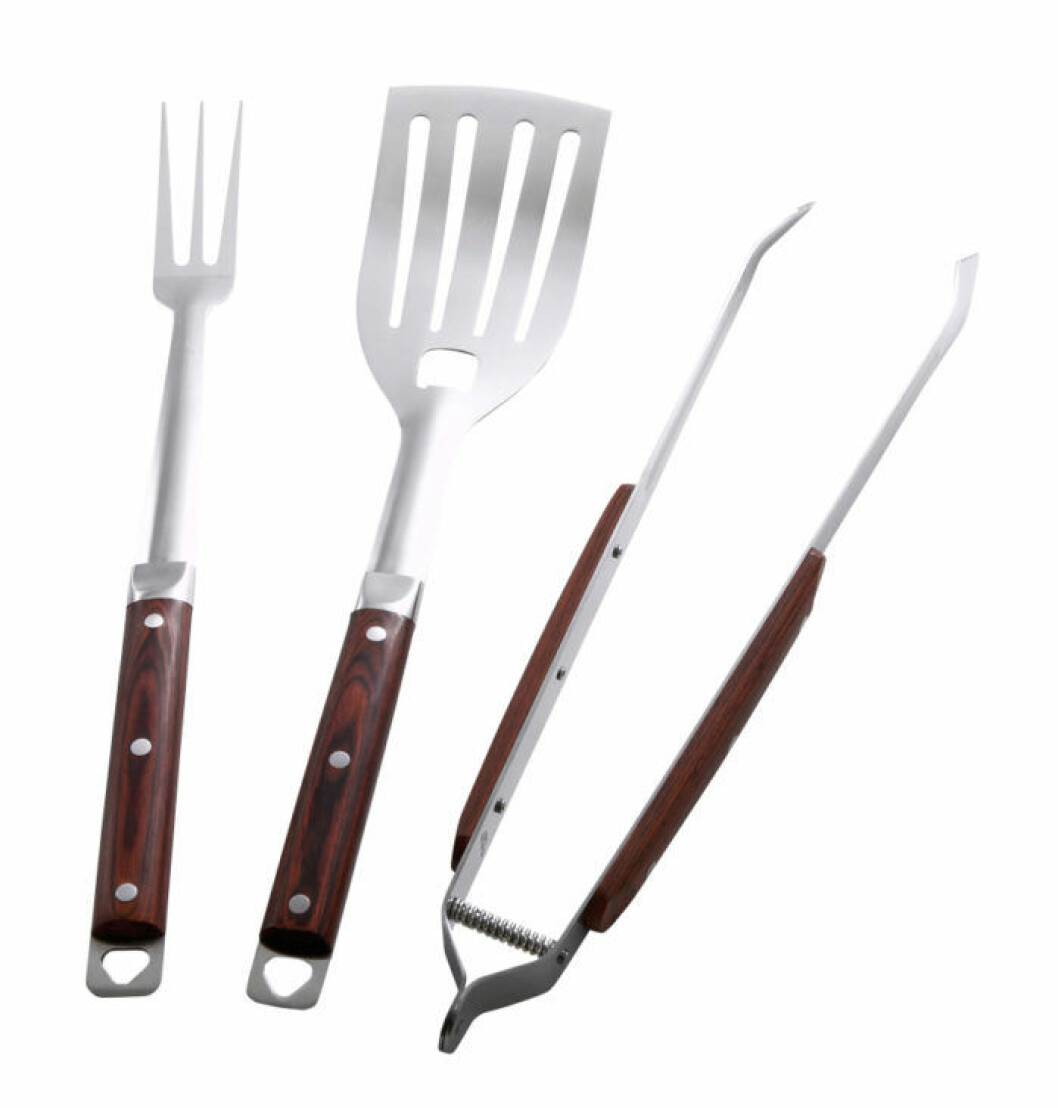 Grillbestick i rostfritt stål och handtag i mörkt trä