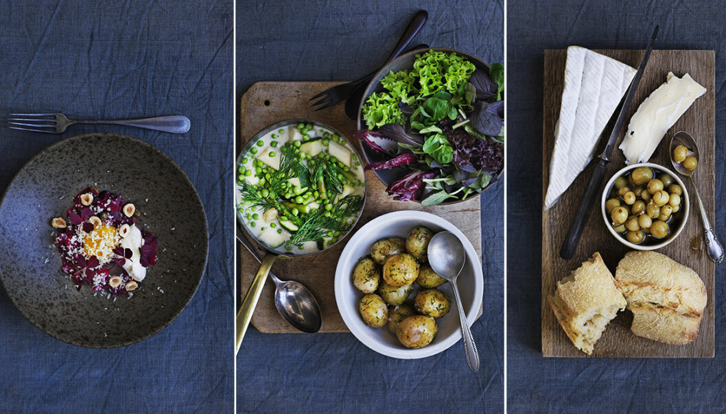 Recept lyxig, vegetarisk trerätters meny med nya smaker.