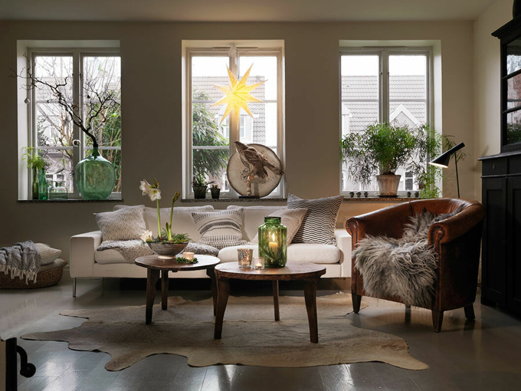 De tre fönstren i rad ger fint norrljus i vardagsrummet. De gröna flaskorna som Ulrika samlat speglar ljuset. Pelargonskott kan stå året runt i flaskorna och med silvriga kulor i den stora grenen i damejeannen skapas enkelt vinterkänsla. Fiskgjusen har Ulrika ärvt av sin mormor. Soffan har Ulrika köpt på Lauritz.com, fåtöljen på Bukowskis. Soffbord och grön lykta på bordet från AB Småland. Golvlampa AJ, Louis Poulsen.