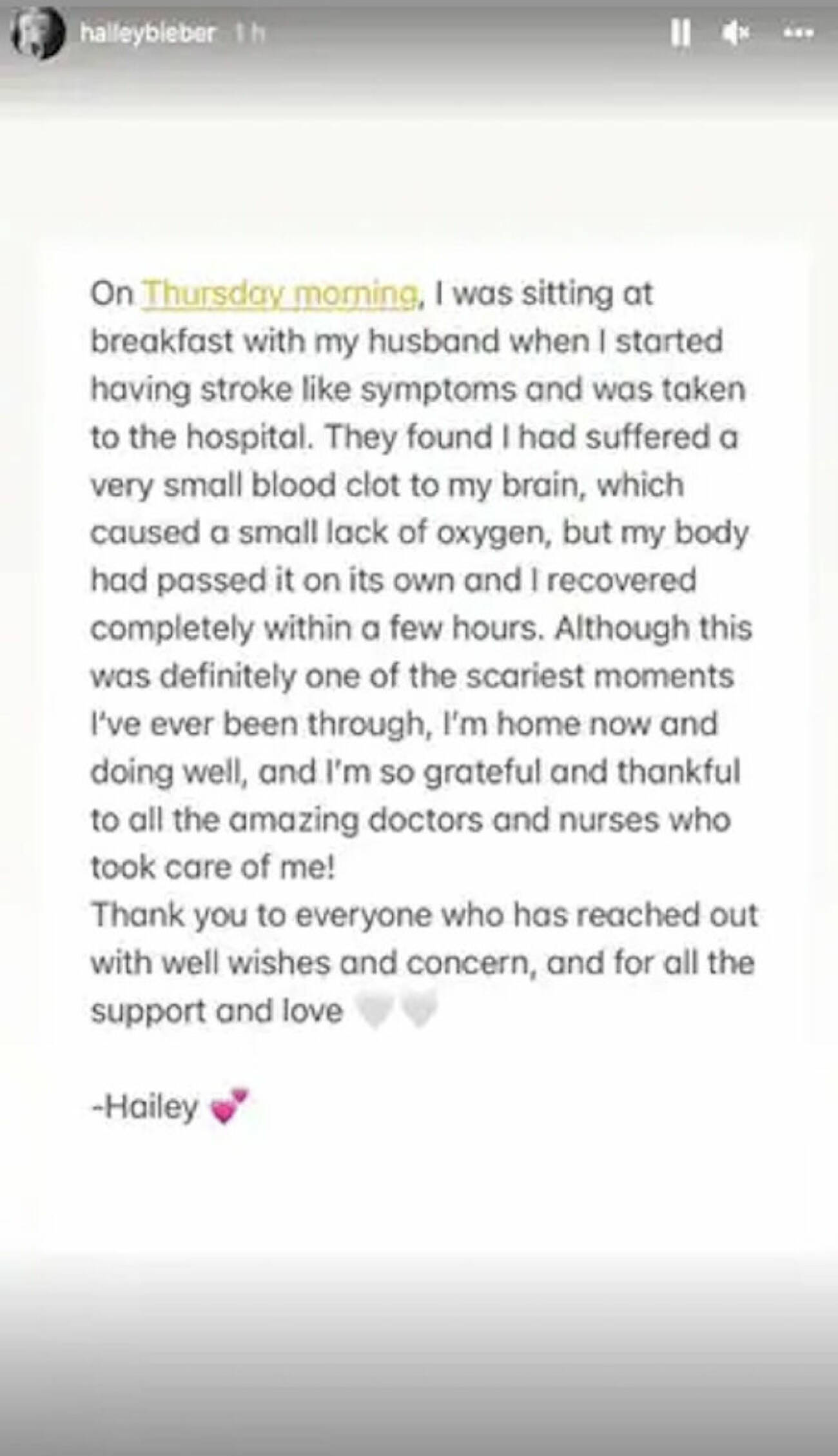 Hailey Biebers story på Instagram