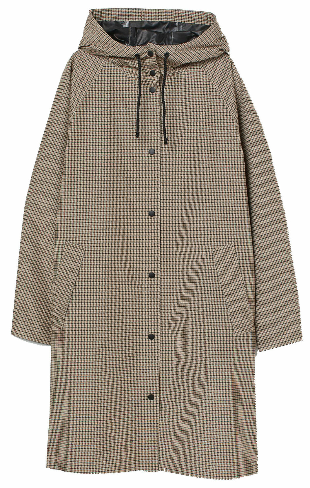 Beige rutig regnkappa från H&amp;M i längre rak modell.