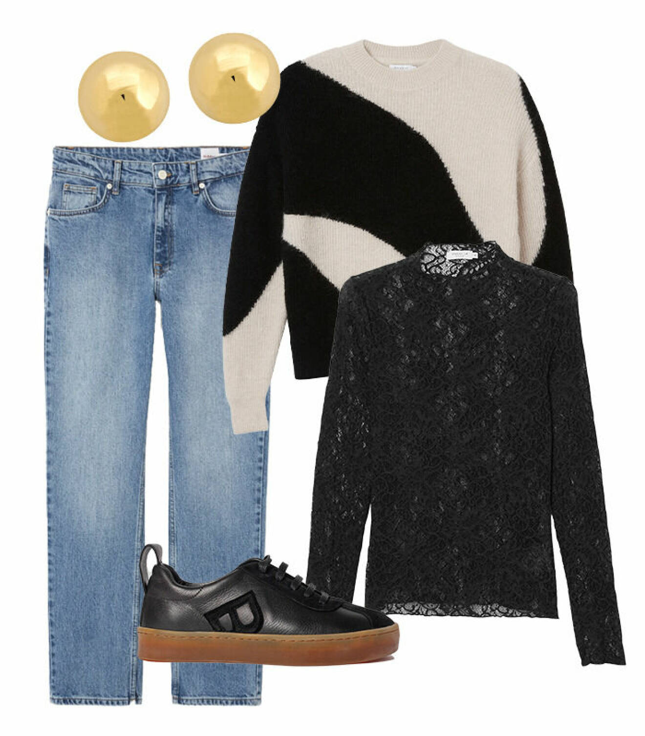höstmode styling plagg trend spets MQ tips ELLE svart topp kostymbyxa jeans stickad tröja sneakers