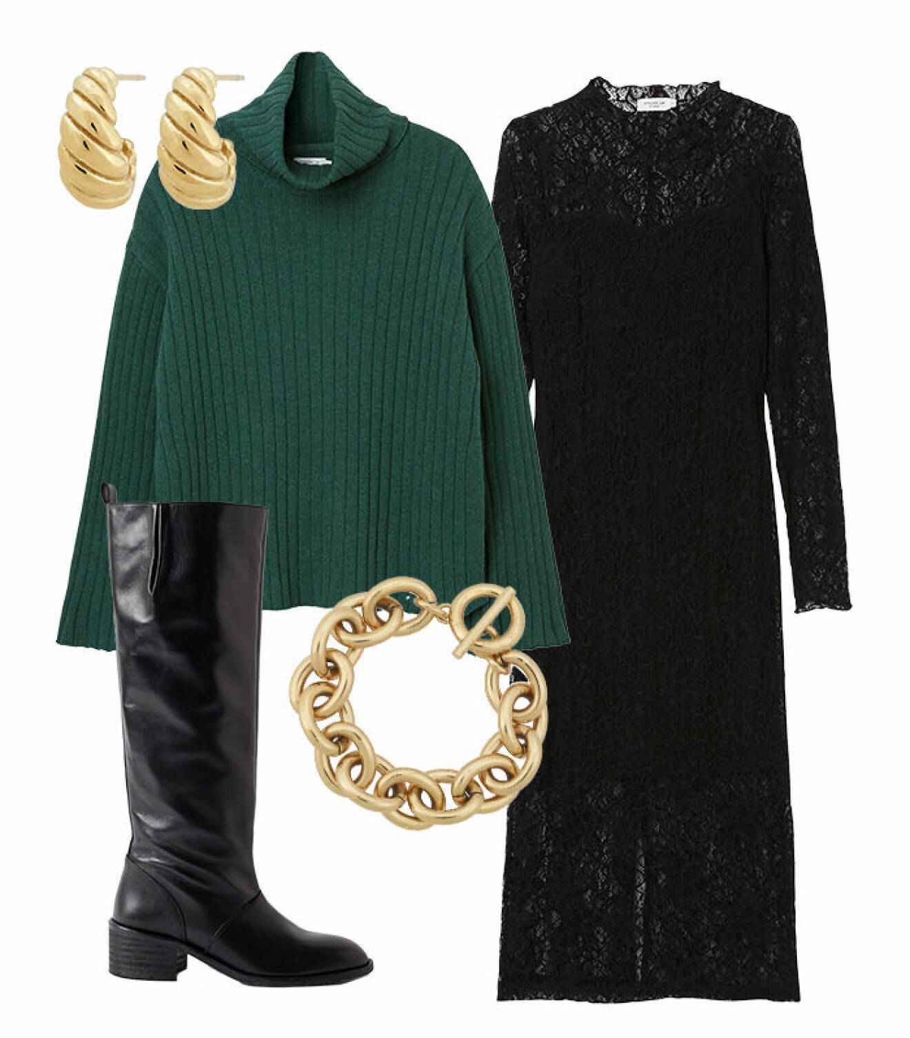 höstmode styling plagg trend spetsklänning MQ tips ELLE stickad tröja grön stövlar boots svart