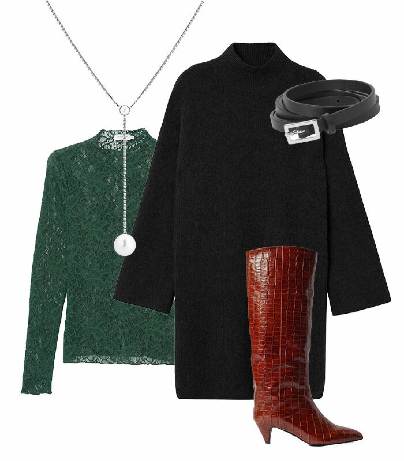 höstmode styling plagg trend spetstopp grön MQ tips ELLE stickad klänning svart stövlar kroko bruna