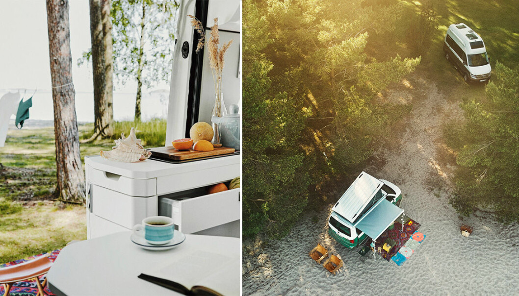 Strandcamping och interiörbild husbilen