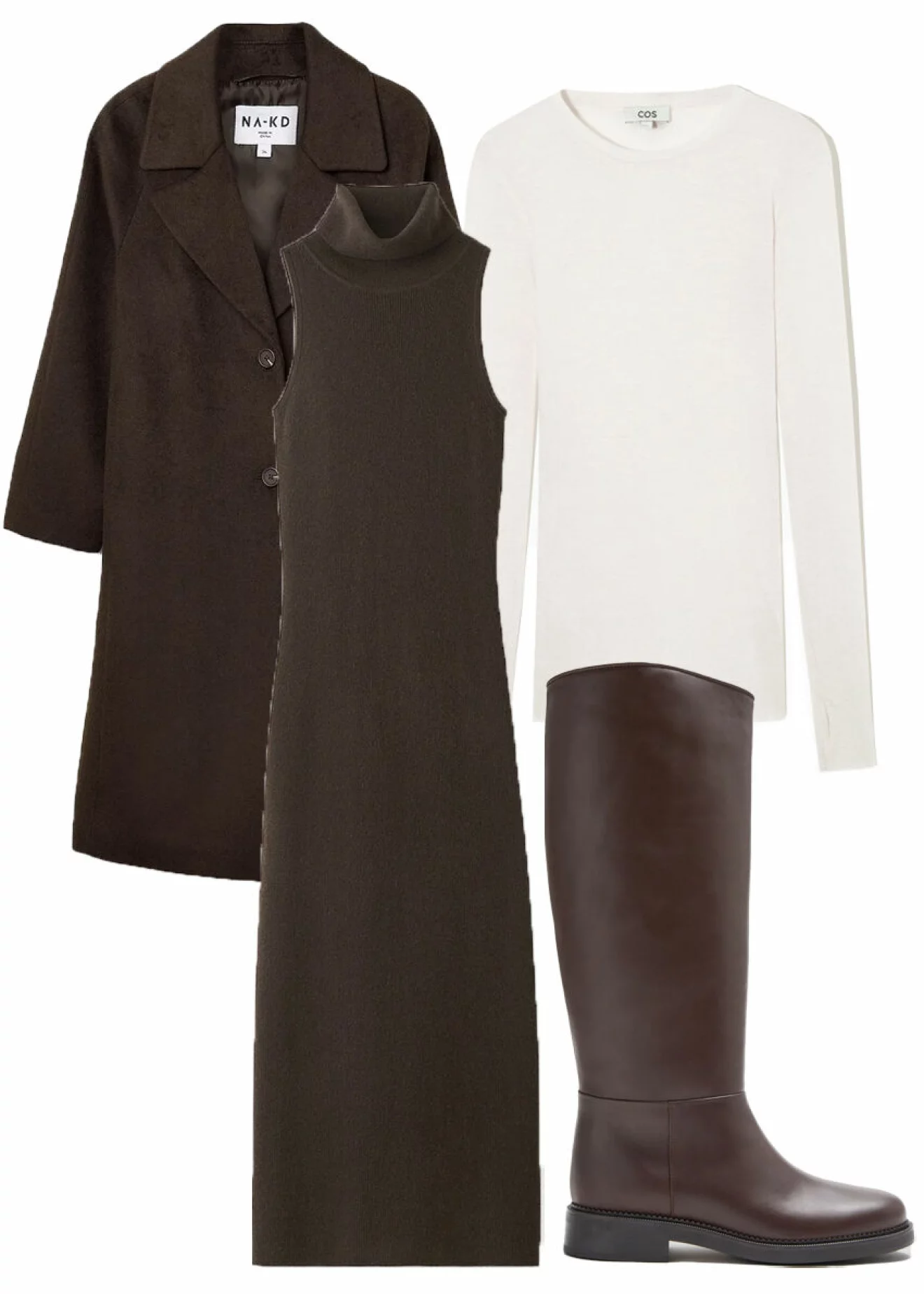 brun kappa, brunklänning, vita tröja och bruna boots.