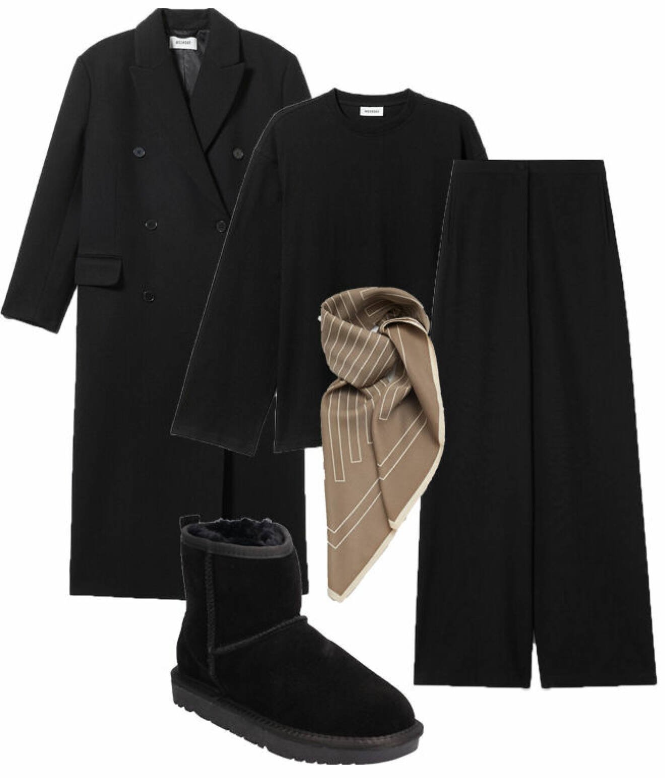 Svart kappa, svart tröja, svarta byxor, scarf och boots.