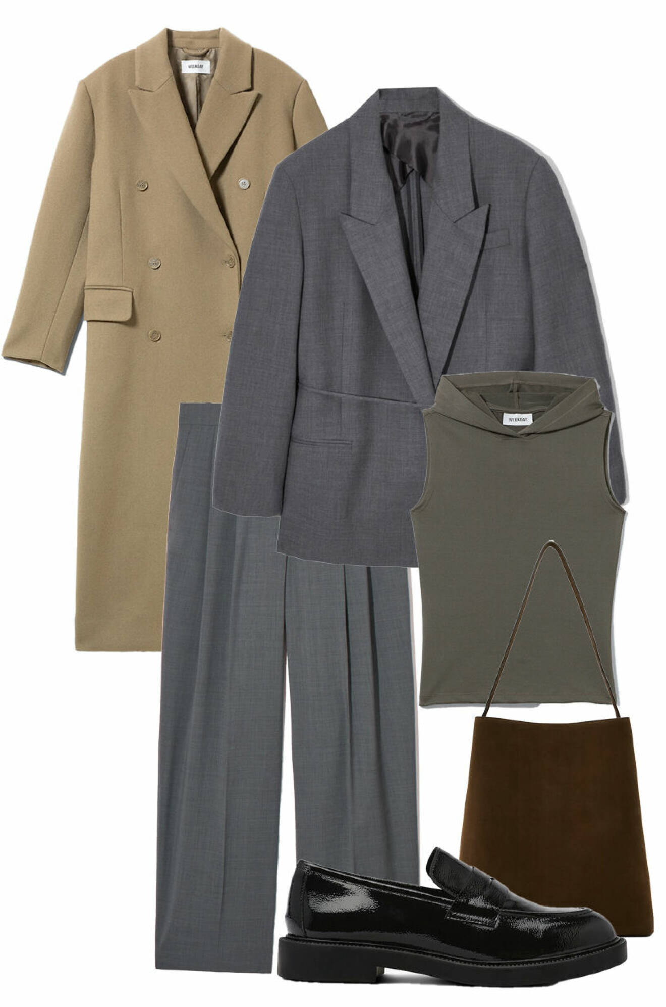 Beige kappa, grå kavaj, gåra kostymbyxor, grön topp med luva, brun väska i mocka och loafers.