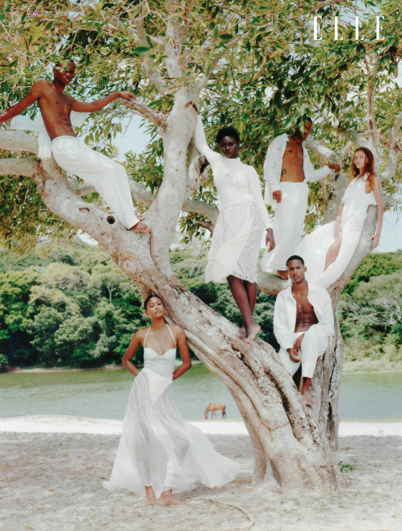 Alla modeller fotograferade tillsammans i ett träd, alla klädda i vitt