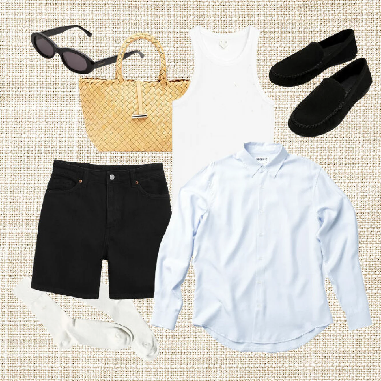 Festivalstil – skjorta, shorts, solglasögon, linne och loafers.