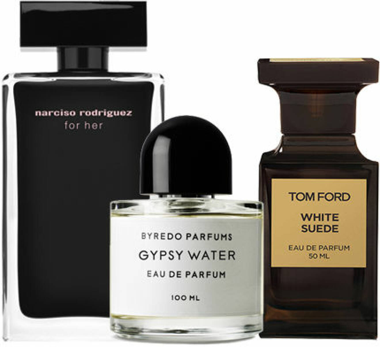 Musc for her, Narciso Rodriguez. Gypsy water, Byredo perfums. White Suede, Tom Ford