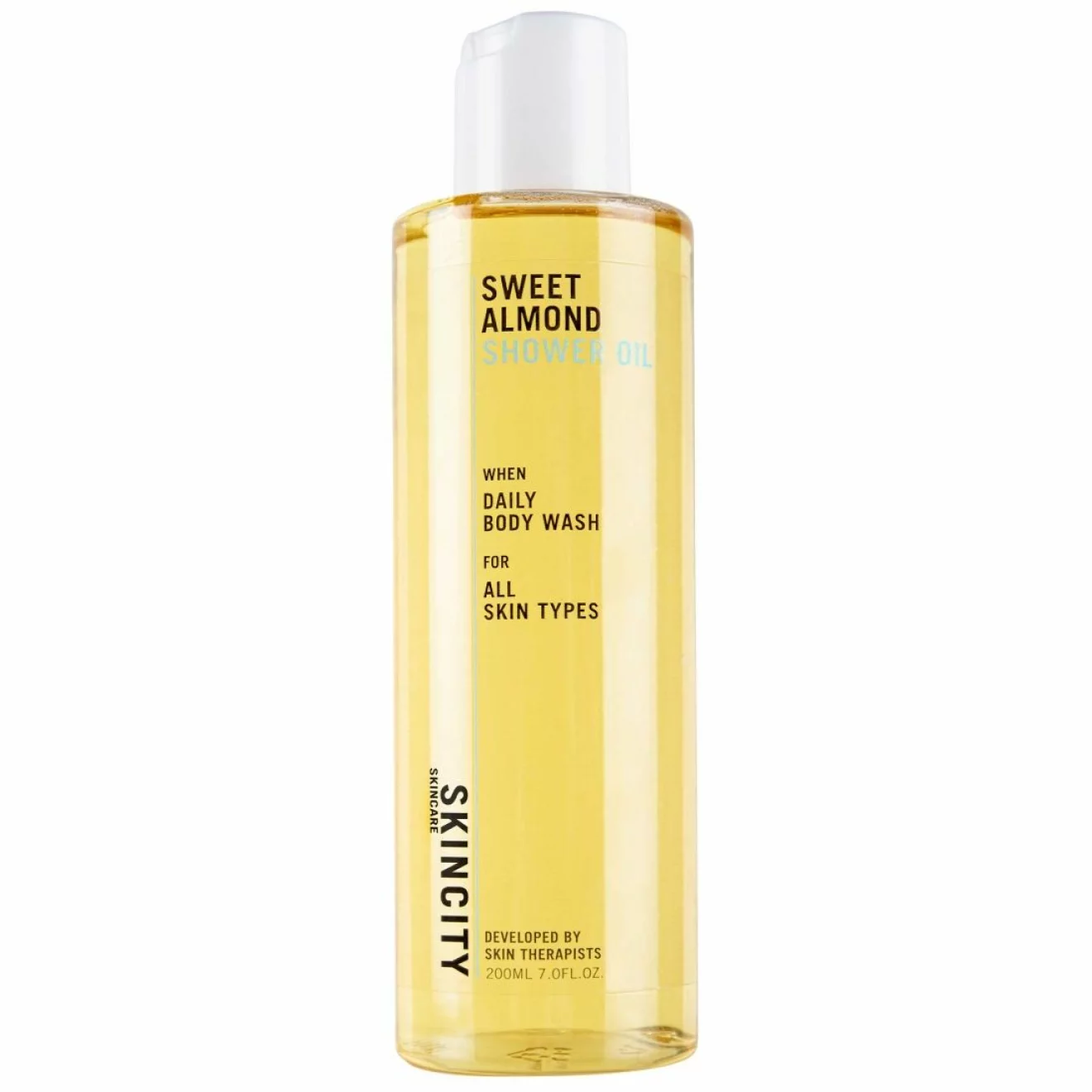 Duscholjan Sweet almond shower oil från Skincity håller hela kroppen återfuktad.