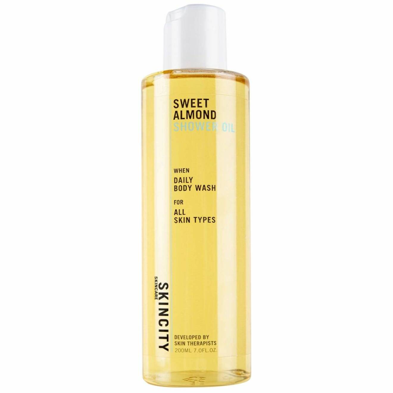 Duscholjan Sweet almond shower oil från Skincity håller hela kroppen återfuktad.