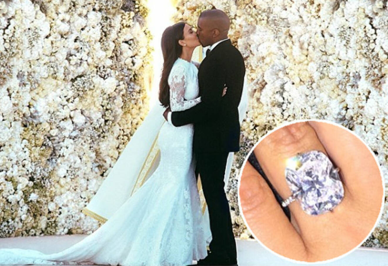 Kim Kardashian och Kanye West med en 20 karats diamantring från Lorraine Schwartz.