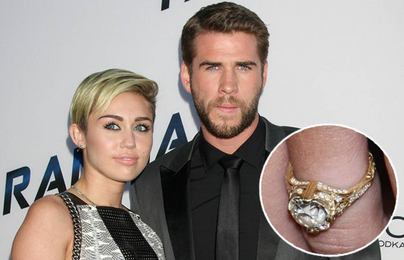 Miley Cyrus och Liam Hemsworth med en 3,5 karats diamantring från Neil Lane. 