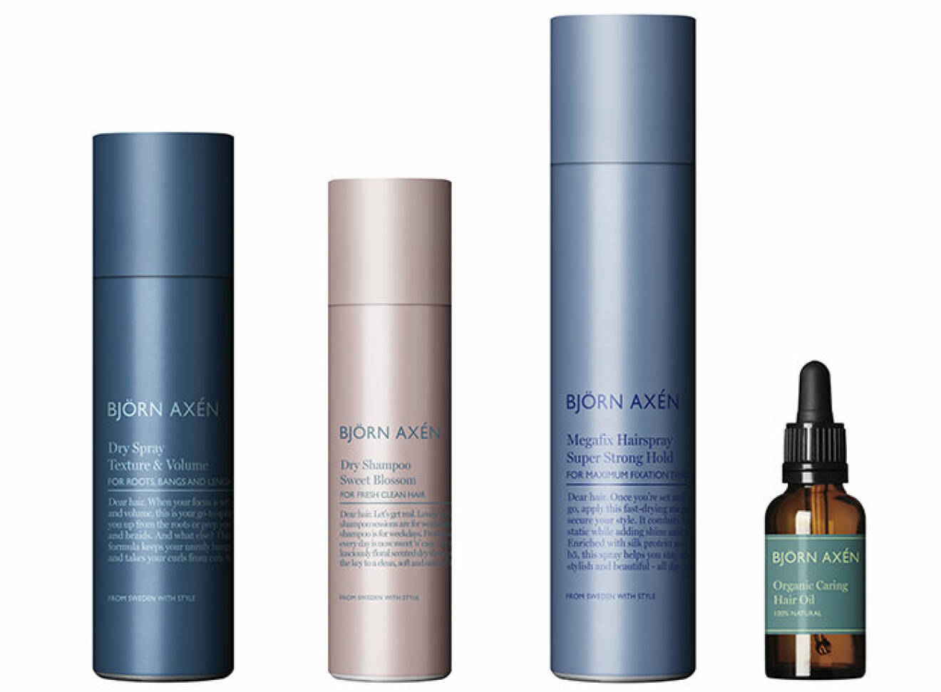 Favoriter från Björn Axén; Dry Spray Texture & Volume, Dry Shampoo Sweet Blossom, Megafix Hairspray och Organic Caring Hair Oil 