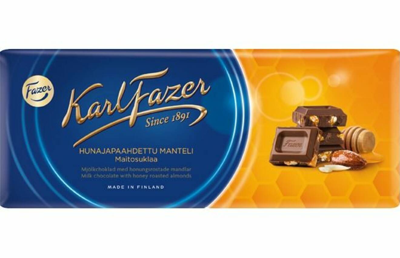 Karl Fazer Mjölkchoklad med honungsrostade mandlar.