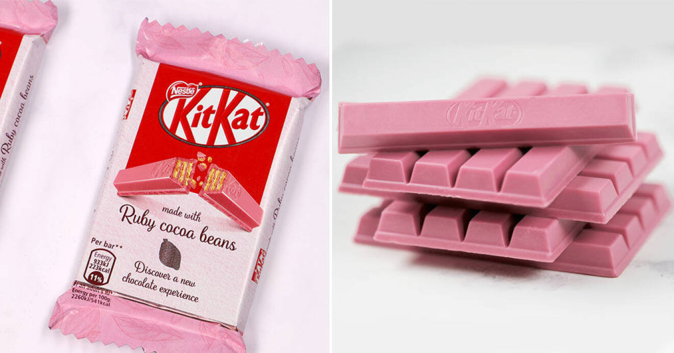 Den nya, rosa KitKat–chokladen.