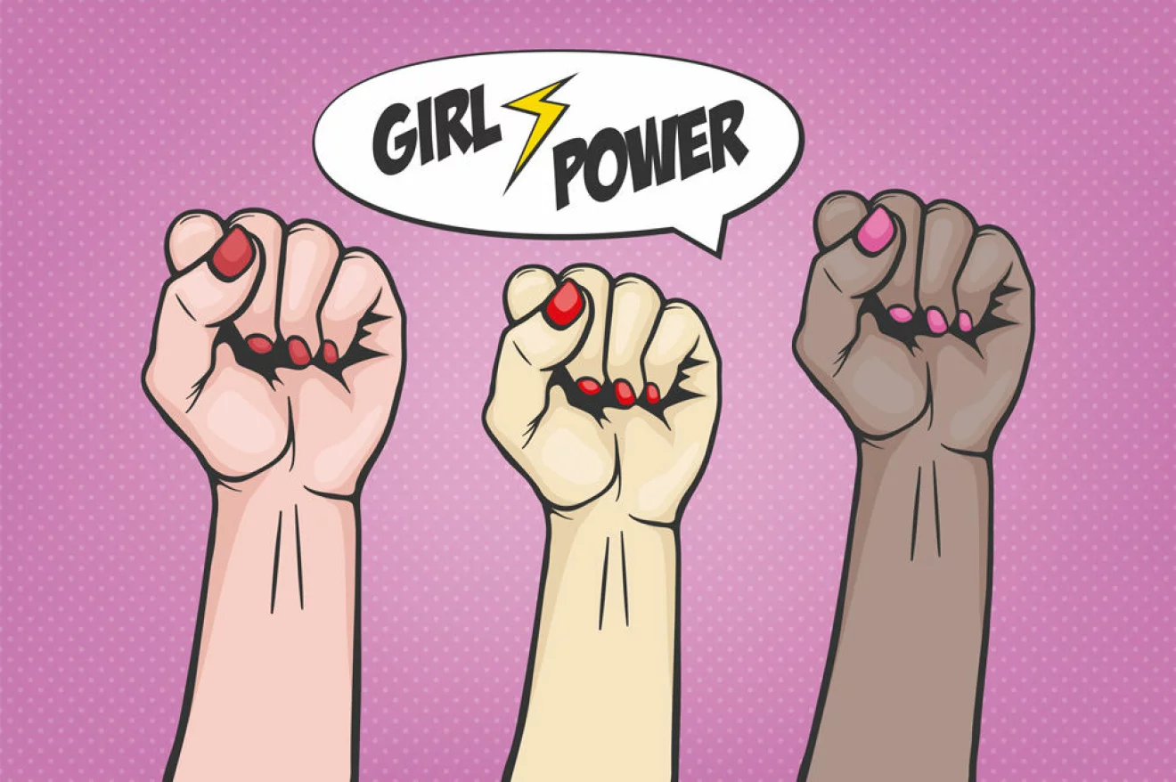 Tecknad bild på tre kvinnohänder med texten: "GIRL POWER"
