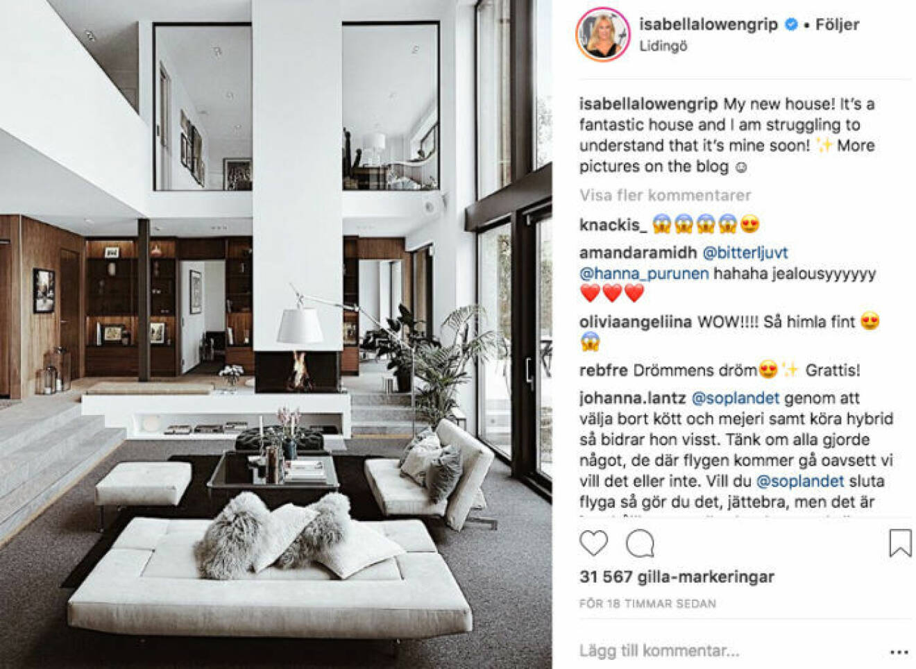 Isabella Löwengrips nya hus, skärmbild från Instagram.
