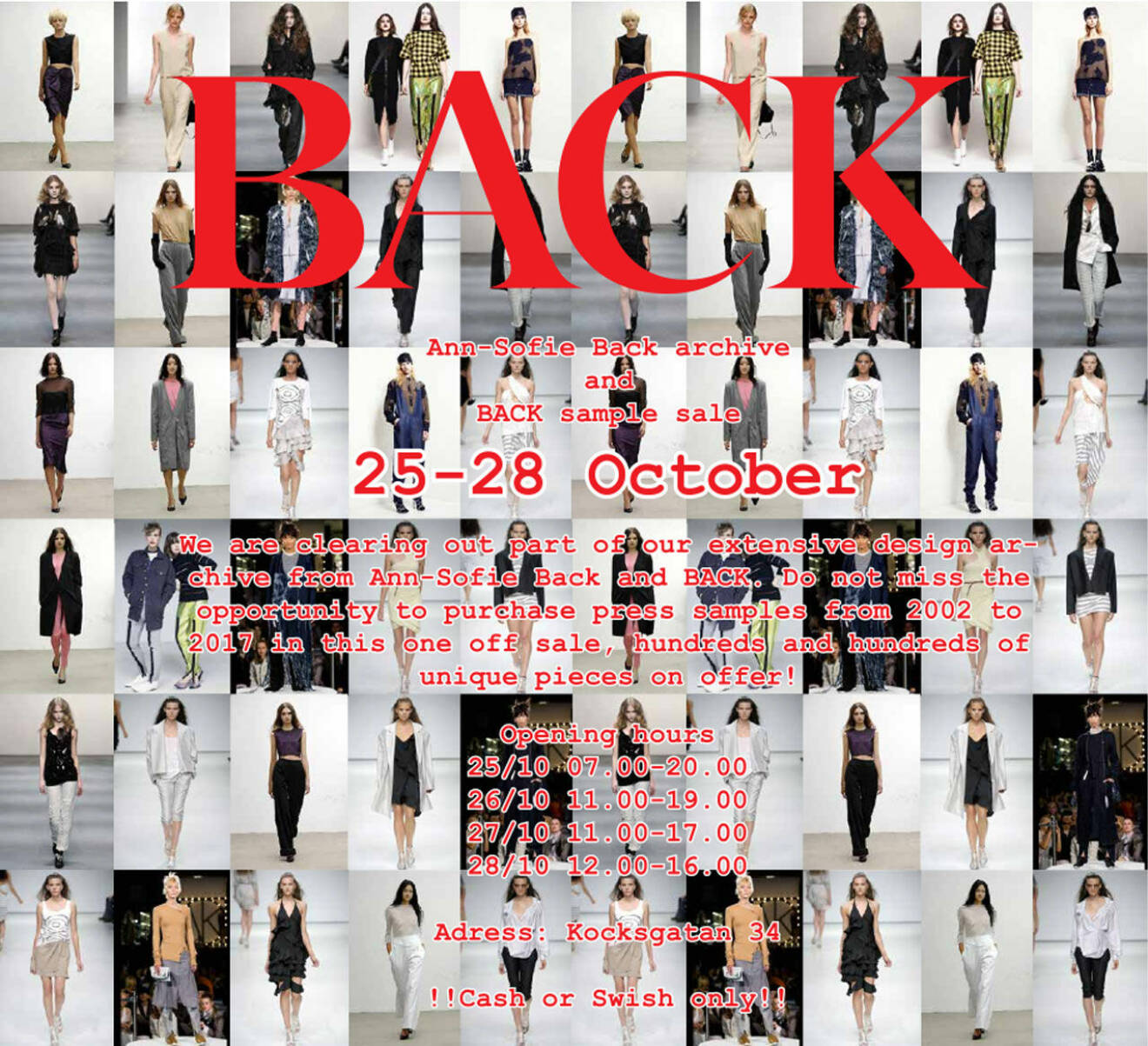Den 25 till 28 oktober har Ann-Sofie Back Sample Sale i Stockholm.