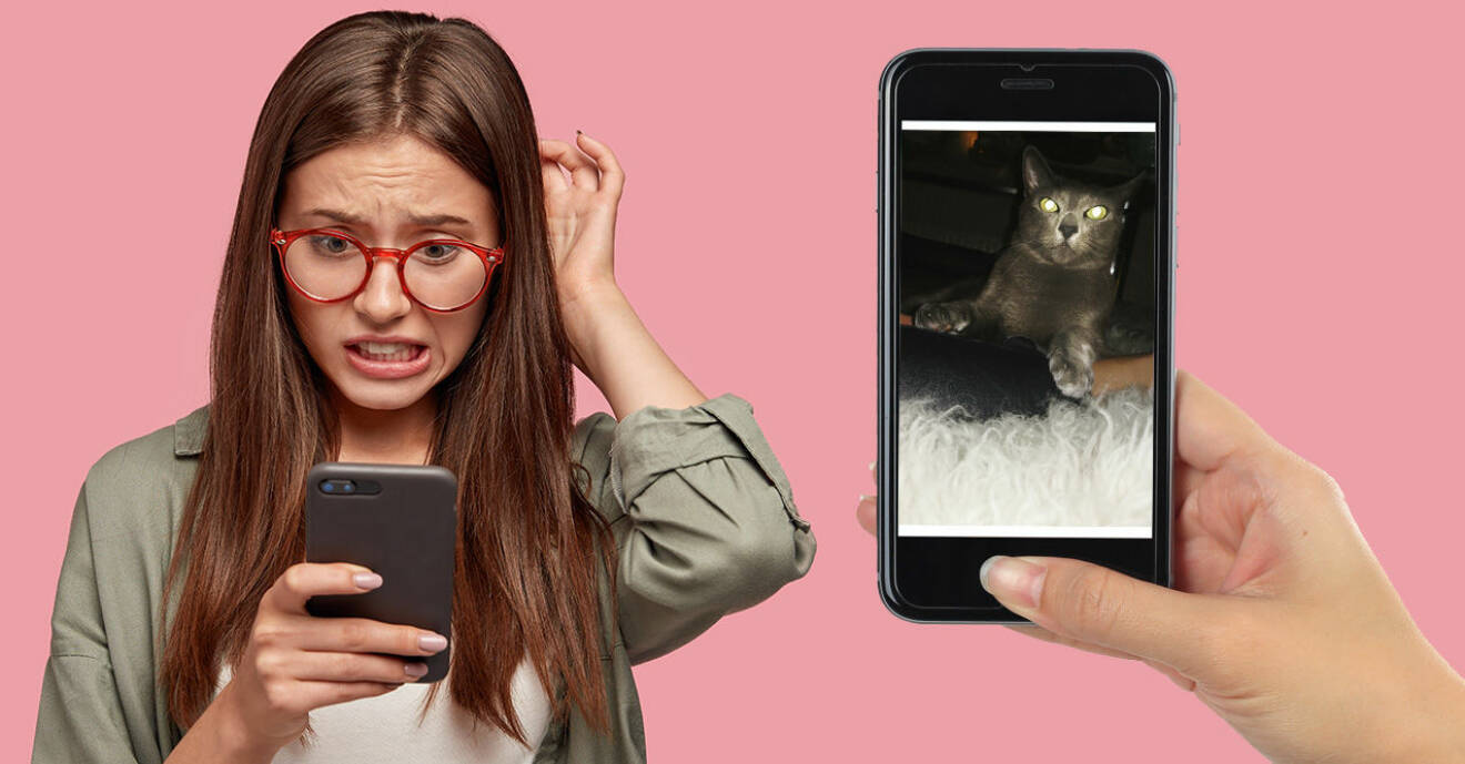 En kvinna som har tagit en ful mobilbild av sin katt.