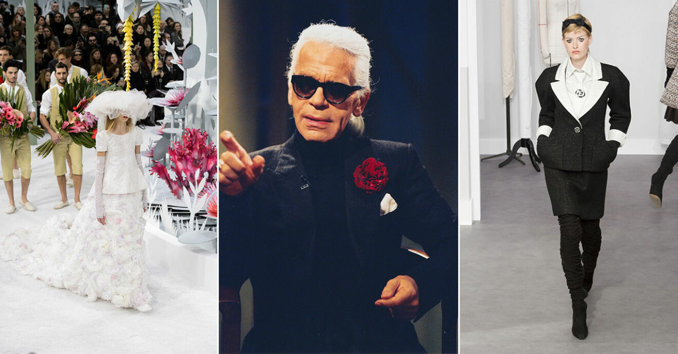 Nyligen avlidne Karl Lagerfeld och två av hans ikoniska looks.