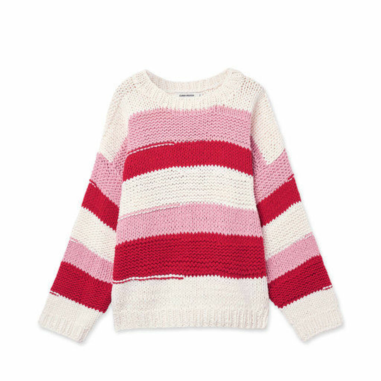 Stor stickad tröja med ränder i färgerna vit, rosa och röd från Soaked in Luxury. Här kan du shoppa den stickade tröjan!