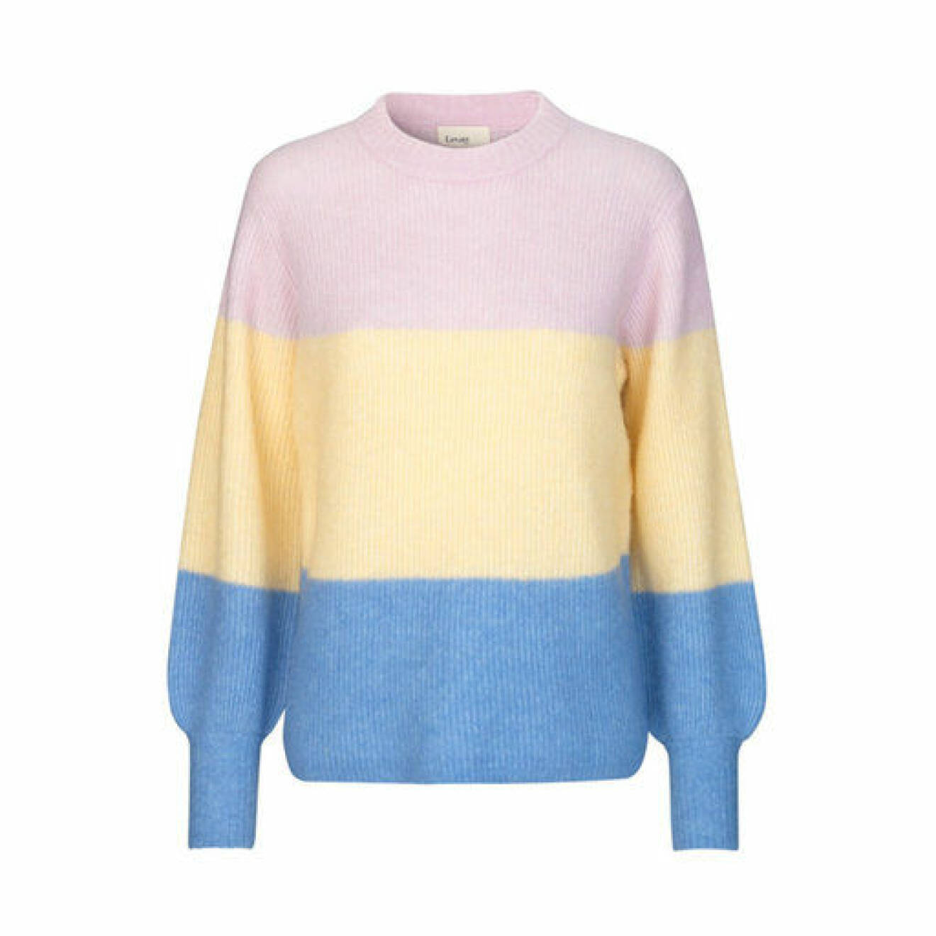 Randig tröja med färgerna rosa, gul och blå från Leveté Room. Här kan du shoppa den stickade tröjan!