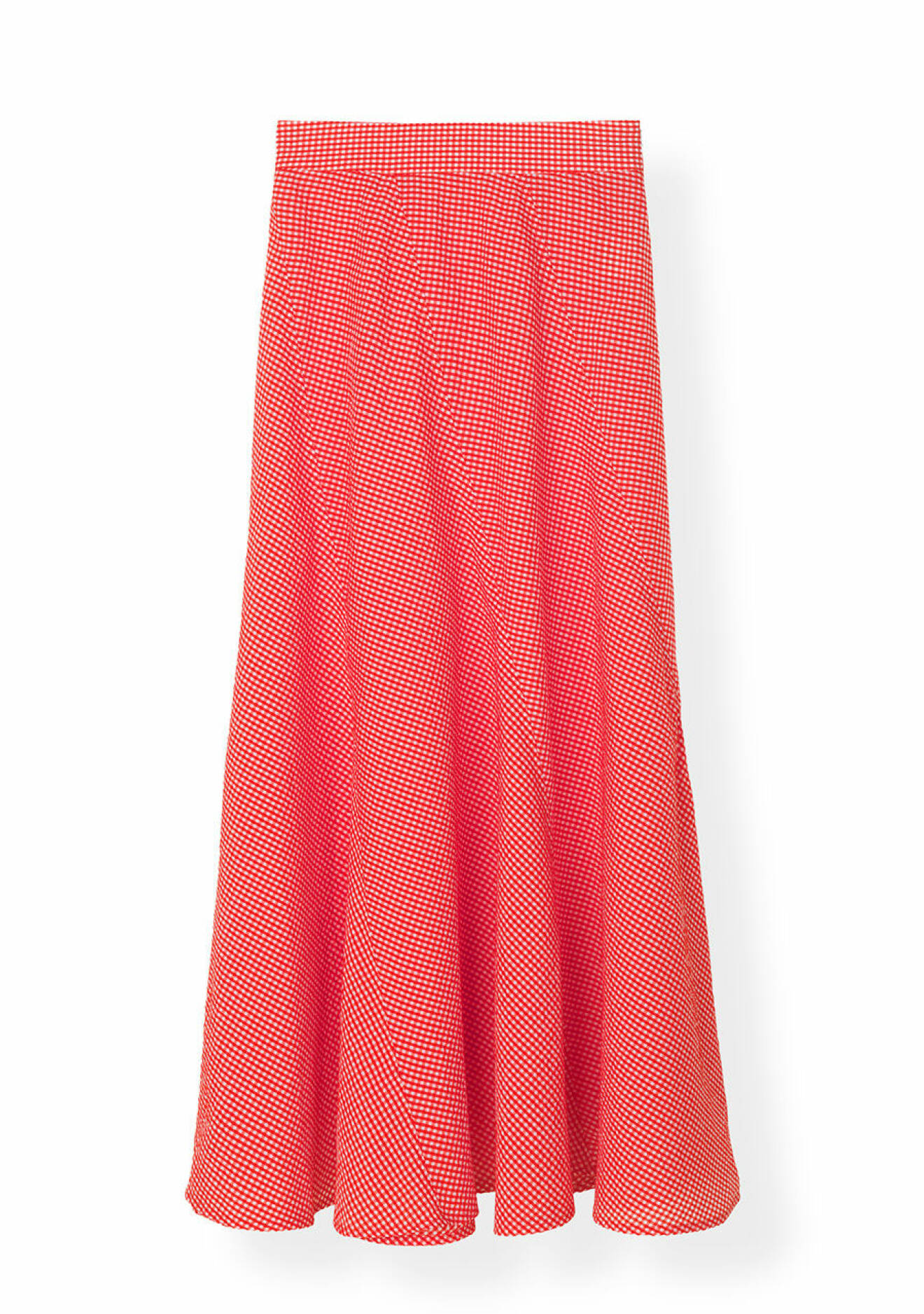 Midi-kjol med röda och vita rutor från Ganni. Shoppa den här!
