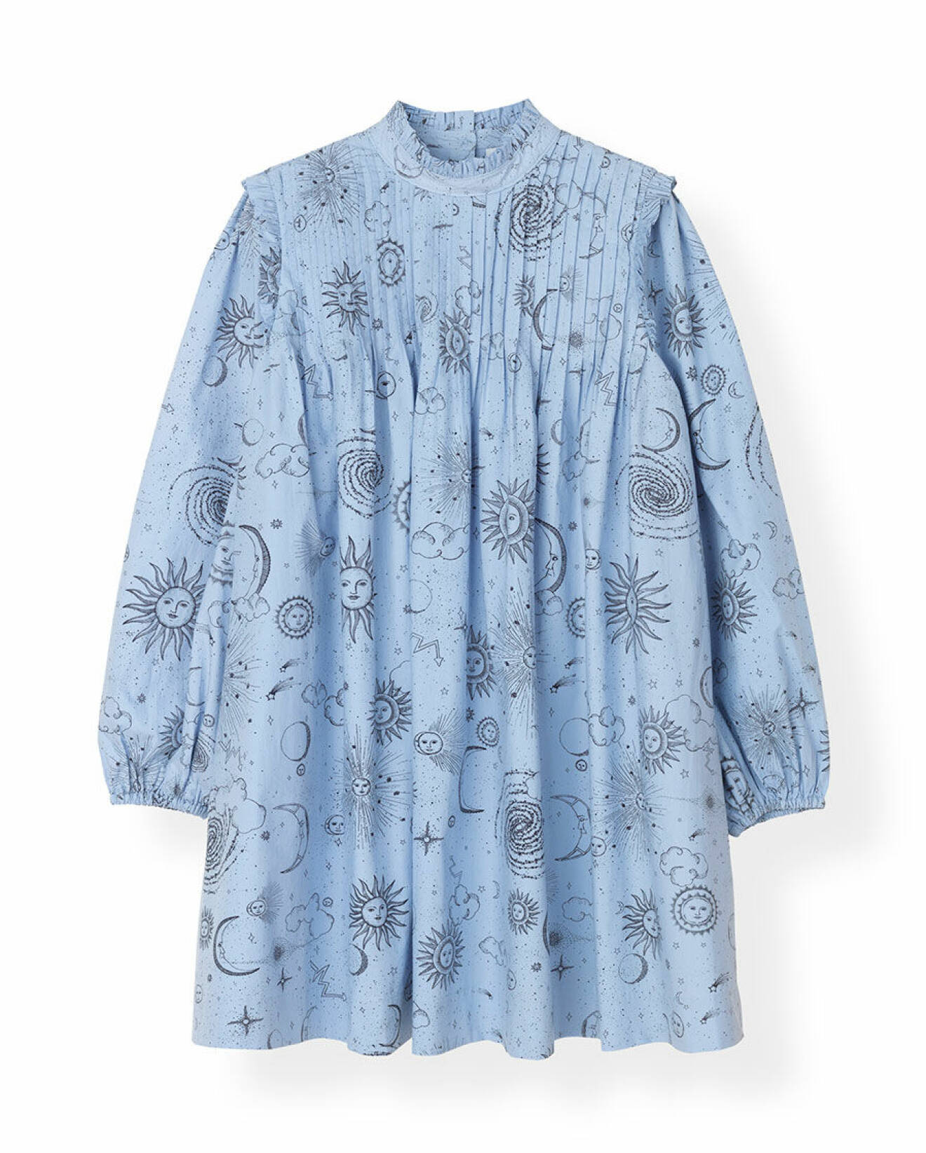 Ljusblå miniklänning med astro-inspirerat mönster och detaljerad krage. Shoppa den här!