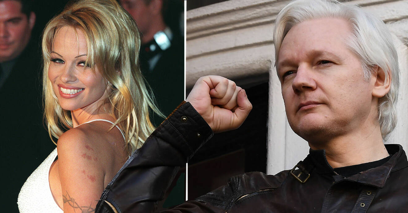 Våldtäktsanklagade Julian Assange och Pamela Anderson.