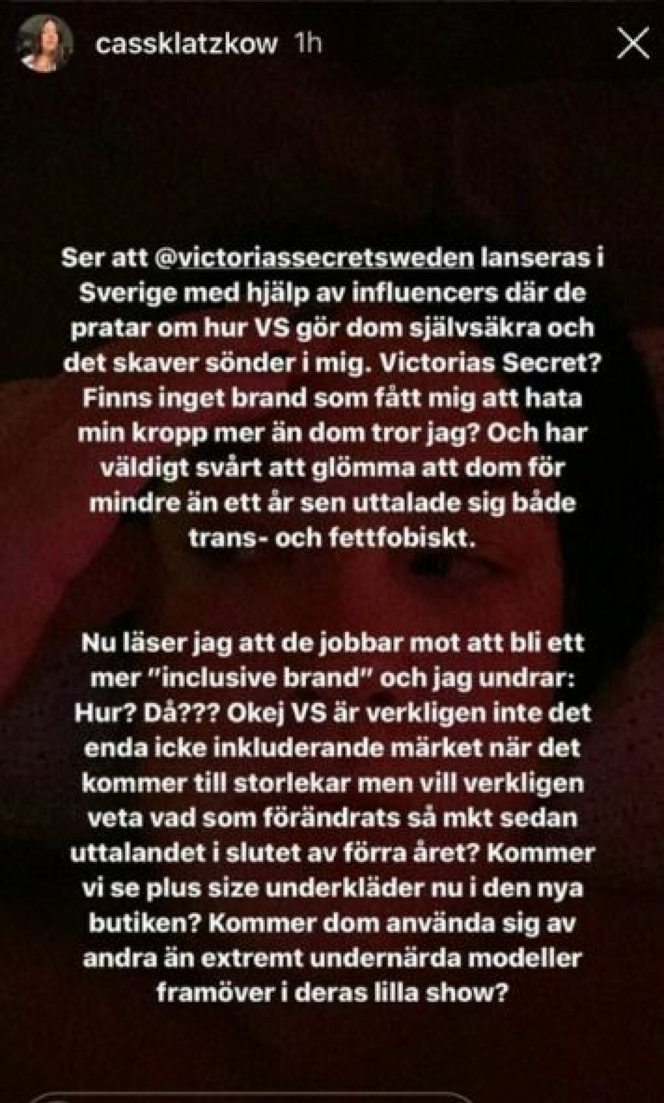 En bild från Cassandra Klatzkows Instagramstory om Victoria's Secret Sweden.