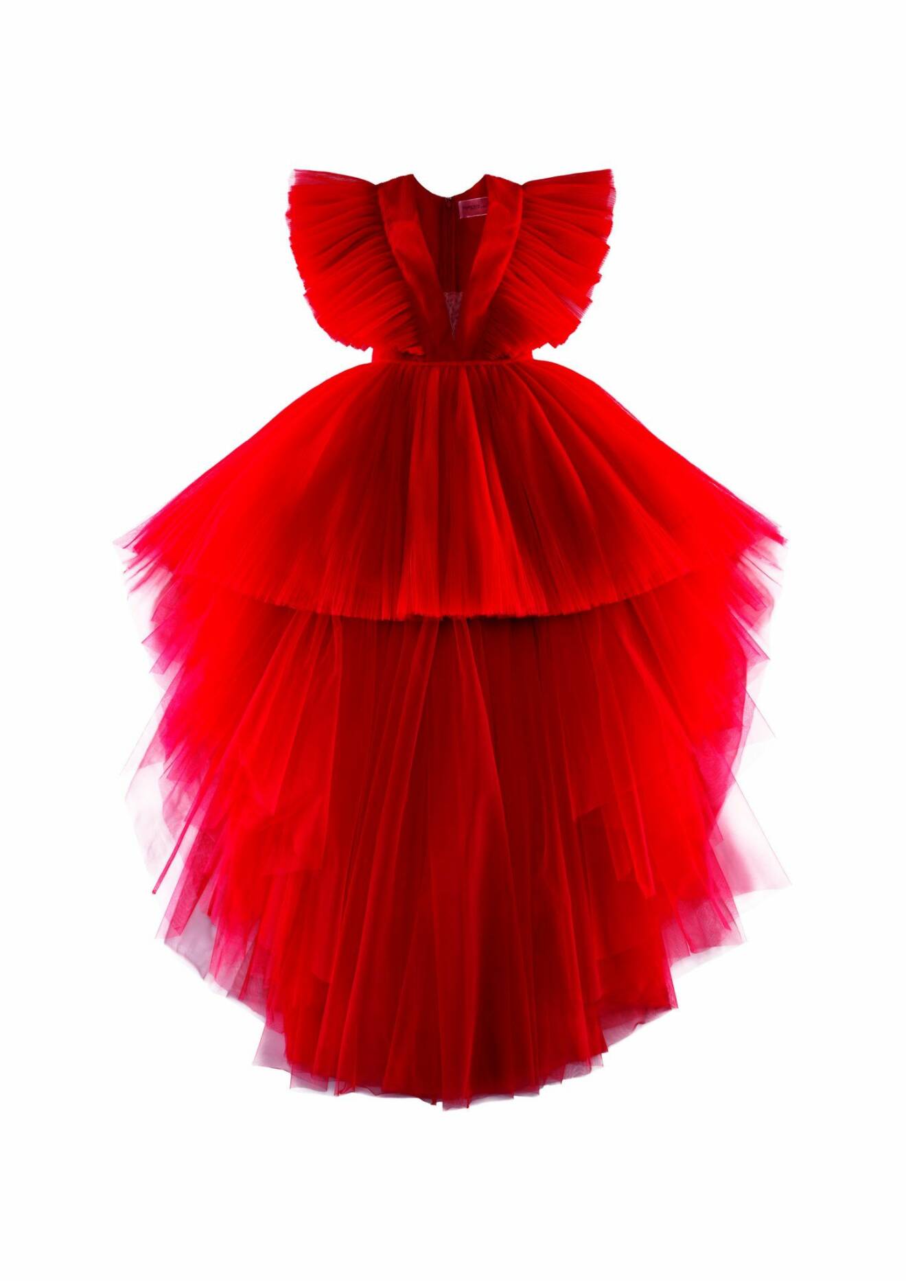 Maffig röd tyllklänning som bars av Kendall Jenner under visningen i Rom.