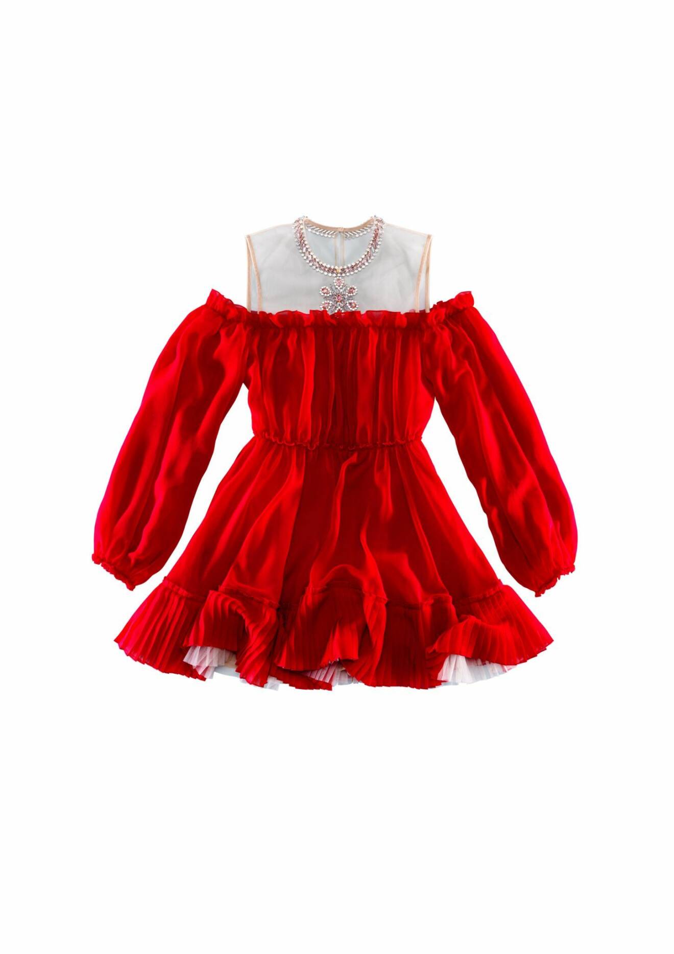 Röd volangklänning med arbetade detaljer från Giambattista Valli x H&M.