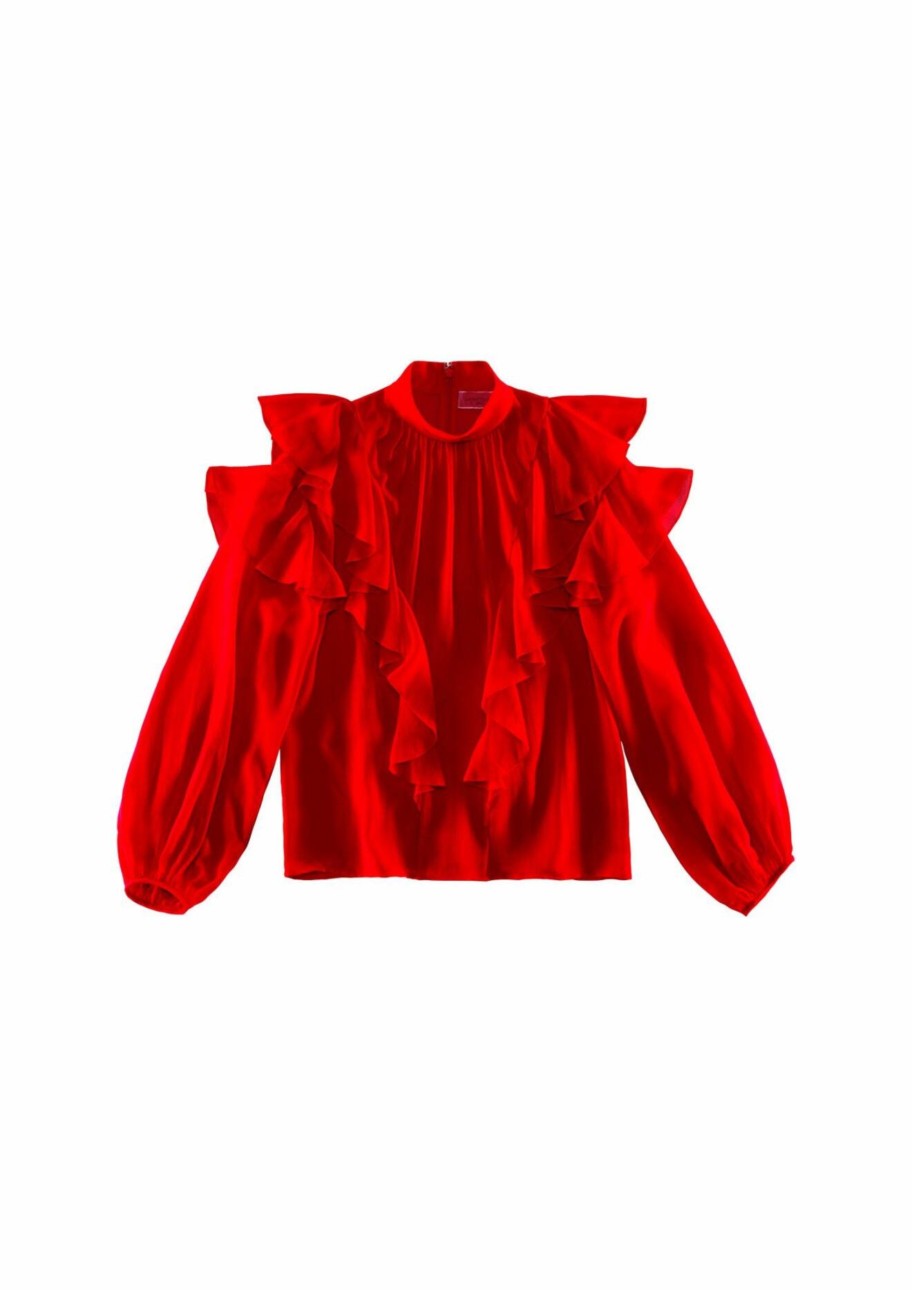 Röd blus med voluminösa volanger från Giambattista Valli x H&M.