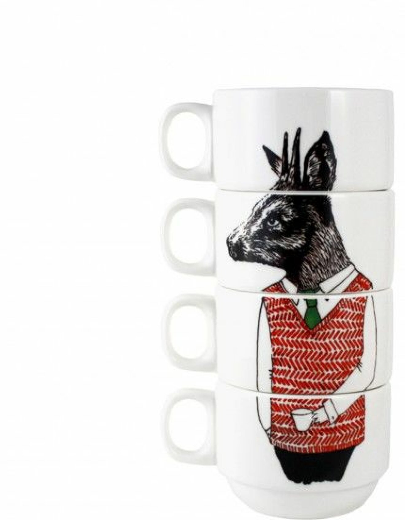 3. Det brittiska företaget Jimboarts porslin med sina roliga djurillustrationer av James Ward finns nu också i Sverige. Fyra stapelbara kaffekoppar Mr Deer, 598 kr, Bucks and Spurs.