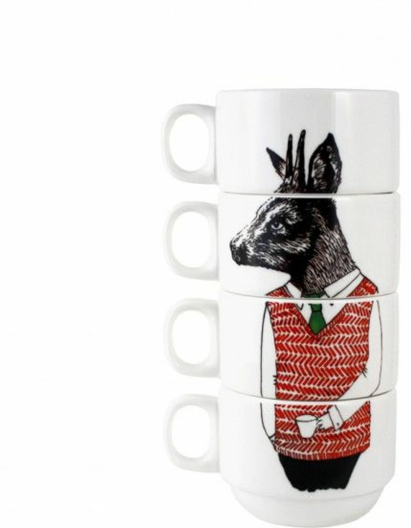 3. Det brittiska företaget Jimboarts porslin med sina roliga djurillustrationer av James Ward finns nu också i Sverige. Fyra stapelbara kaffekoppar Mr Deer, 598 kr, Bucks and Spurs.