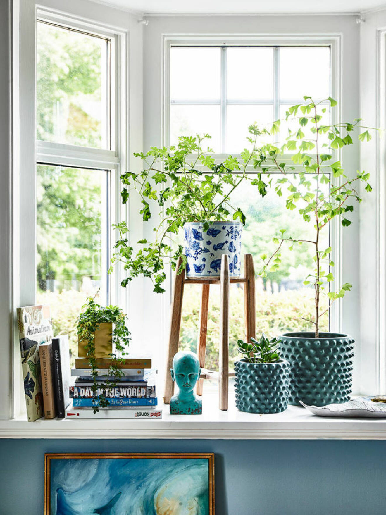 Vackert stilleben i fönstret med växter, vaser och böcker