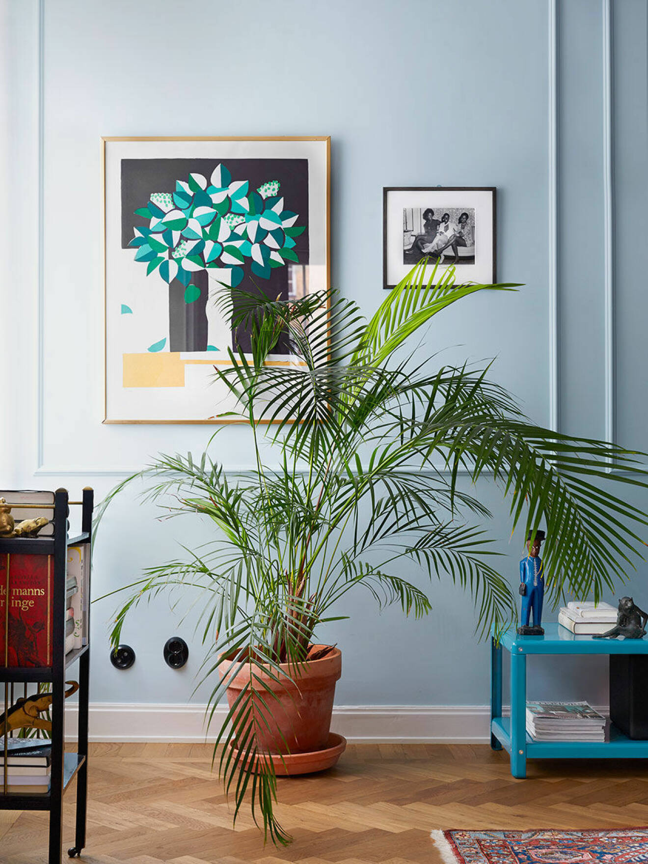 Ljusblåa väggar med tavlor och en palm