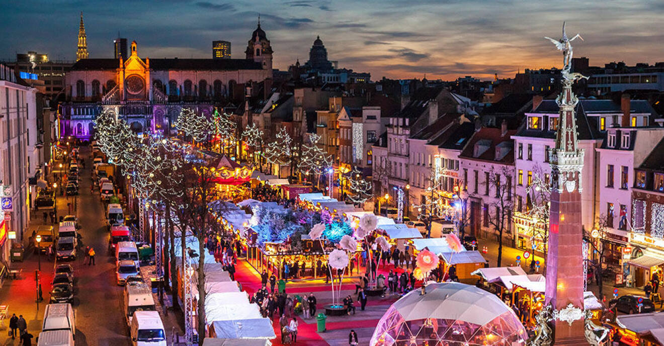 FB670K Belgium, Brussels Christmas Market or Winter Wonders, Marche aux Poissons, Fish Market next to St Catherine Church.