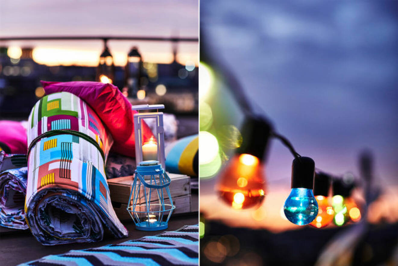 Picknickfilt och ljuslyktor, färgglad utomhusbelysning i form av ljusslinga med färgade lampor. Ikeas sommarnyheter 2018.