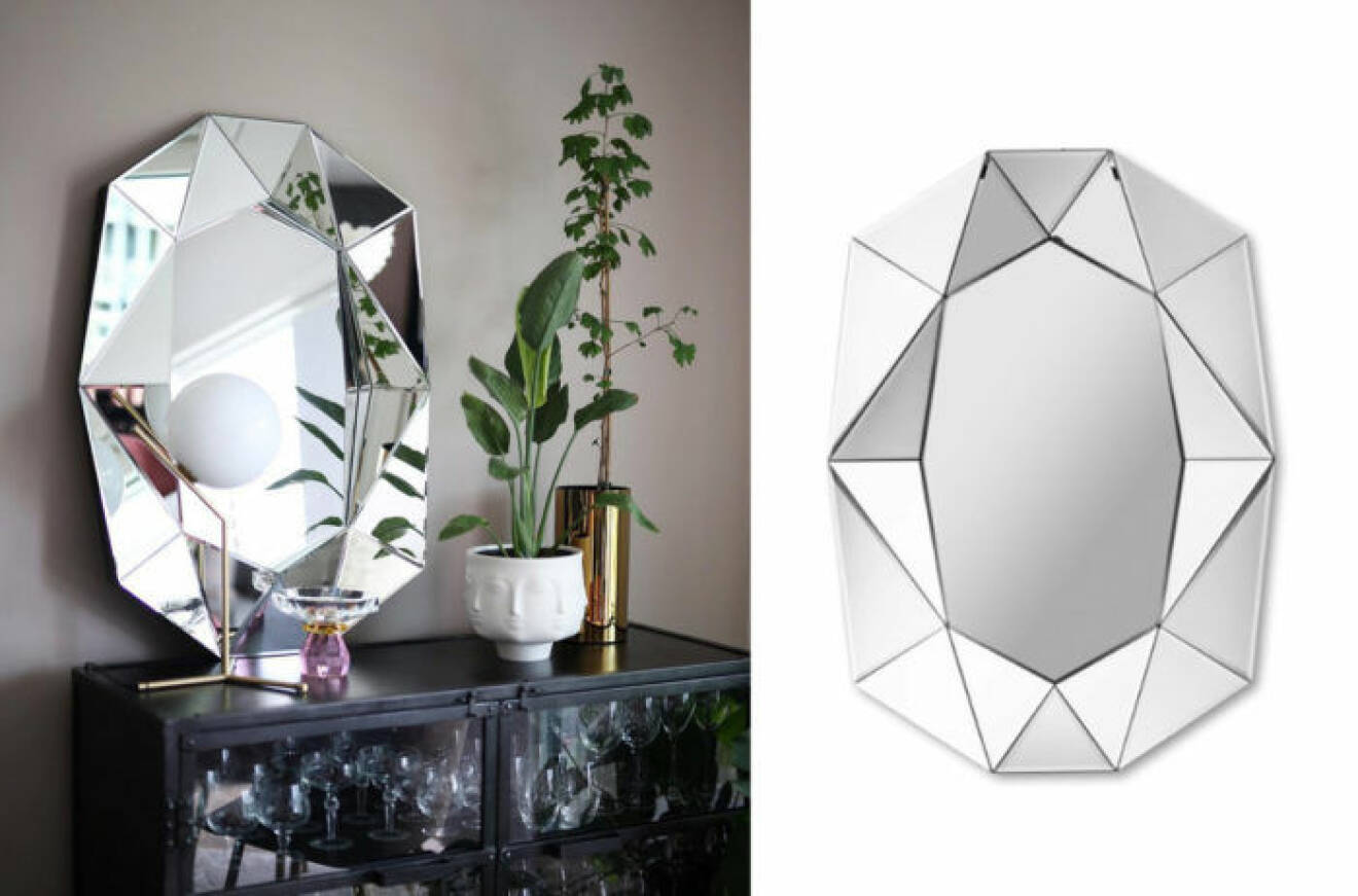 Diamond spegel, fin inredning med spegel på skåp med lampa från Flos och mässingskruka.